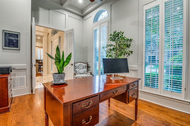 5932 Royal Palm Dr, Plano, TX 75093 - home office with light wood-style floors, a decorative wall, coffered ceiling, and beam ceiling