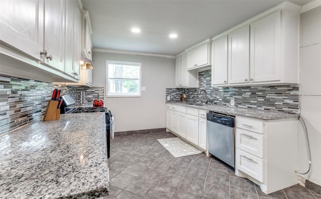 4332 Blackstone Dr, Fort Worth, TX 76114 - kitchen featuring dishwasher, range with gas stovetop, a sink, tasteful backsplash, and white cabinetry
