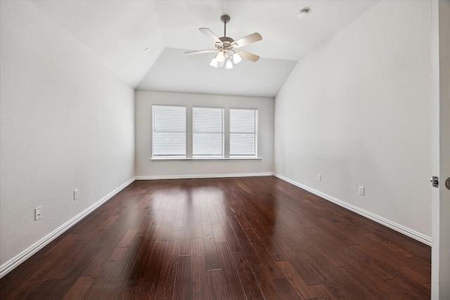 11181 Clearstream Ln, Frisco, TX 75035 - spare room with ceiling fan, vaulted ceiling, dark wood-type flooring, baseboards, and a smoke detector