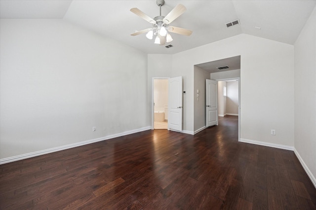 11181 Clearstream Ln, Frisco, TX 75035 - empty room featuring vaulted ceiling, dark wood finished floors, a ceiling fan, and baseboards