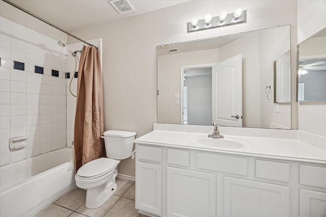 11181 Clearstream Ln, Frisco, TX 75035 - full bath featuring toilet, shower / bath combination with curtain, tile patterned flooring, vanity, and a ceiling fan