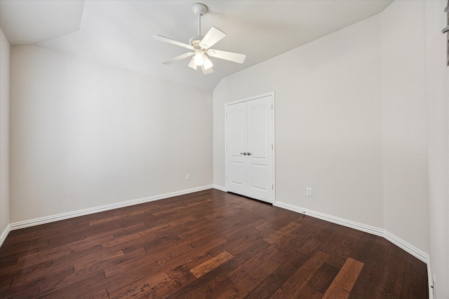 11181 Clearstream Ln, Frisco, TX 75035 - empty room featuring dark wood-style flooring, lofted ceiling, baseboards, and ceiling fan