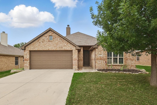 237 Cedar Crest Dr, Justin, TX 76247 - view of front facade featuring brick siding, a garage, a front lawn, concrete driveway, and a chimney