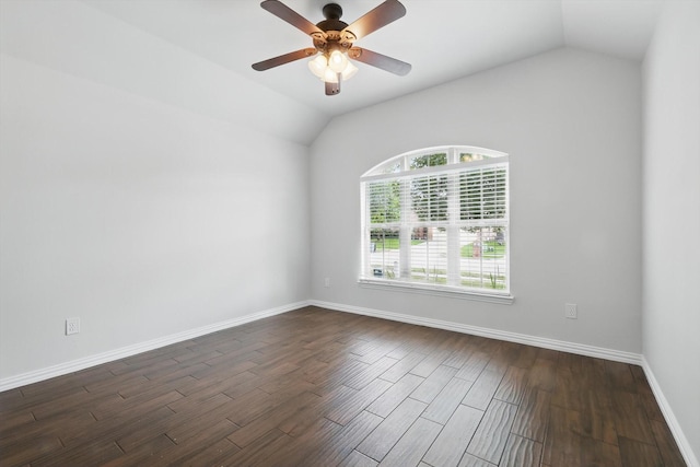 237 Cedar Crest Dr, Justin, TX 76247 - empty room featuring vaulted ceiling, ceiling fan, dark wood-type flooring, and baseboards