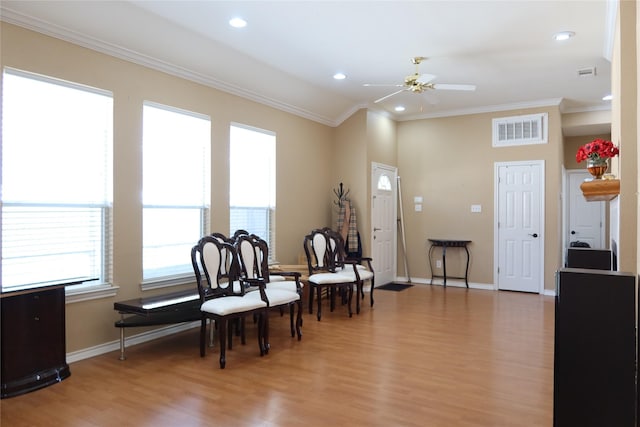 2003 Hearthside Ln, Garland, TX 75044 - living area featuring light wood-style flooring, ornamental molding, recessed lighting, baseboards, and a ceiling fan