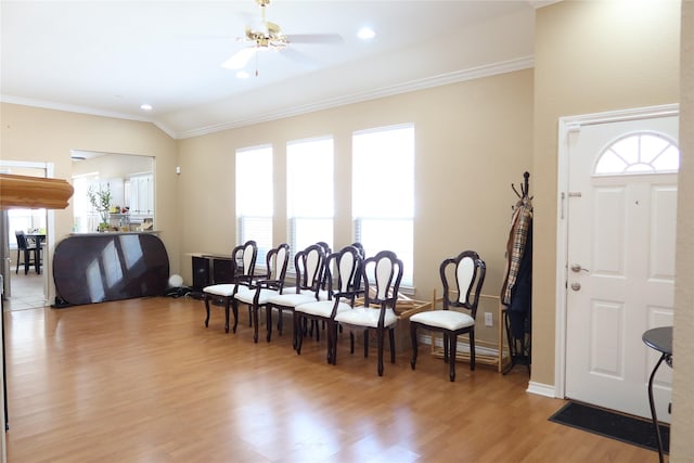 2003 Hearthside Ln, Garland, TX 75044 - dining area with crown molding, light wood-style floors, recessed lighting, and baseboards