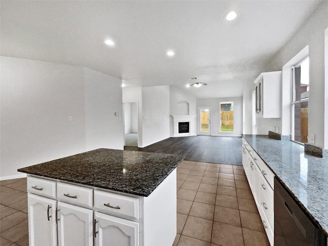 3032 Thicket Bend Ct, Fort Worth, TX 76244 - kitchen featuring dishwasher, tile patterned floors, white cabinets, dark stone counters, and recessed lighting