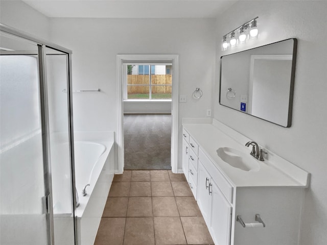 3032 Thicket Bend Ct, Fort Worth, TX 76244 - full bath featuring vanity, a garden tub, tile patterned floors, and a shower stall