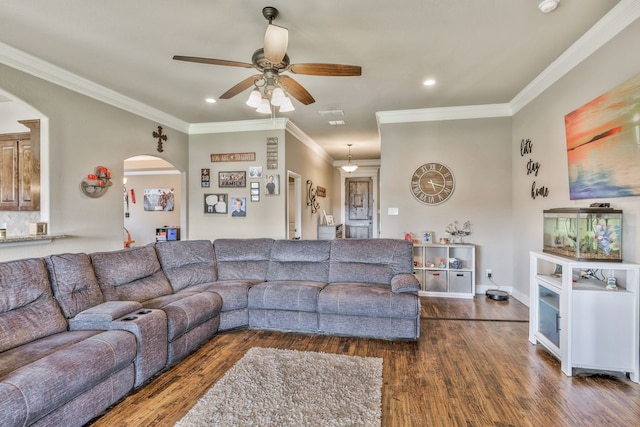 183 Melbourne Dr, Willow Park, TX 76087 - living area featuring arched walkways, ceiling fan, wood finished floors, recessed lighting, and ornamental molding