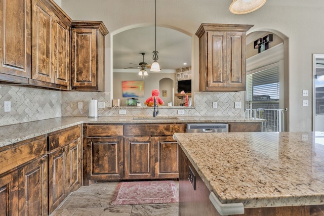 183 Melbourne Dr, Willow Park, TX 76087 - kitchen featuring a sink, a ceiling fan, decorative backsplash, light stone countertops, and stainless steel dishwasher