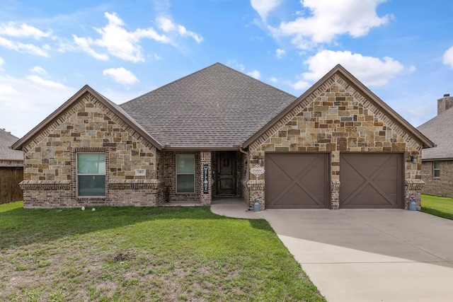 183 Melbourne Dr, Willow Park, TX 76087 - view of front of home with a garage, concrete driveway, a front lawn, stone siding, and a shingled roof