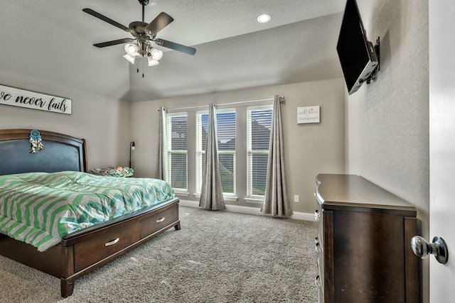183 Melbourne Dr, Willow Park, TX 76087 - bedroom featuring carpet flooring, baseboards, lofted ceiling, and ceiling fan