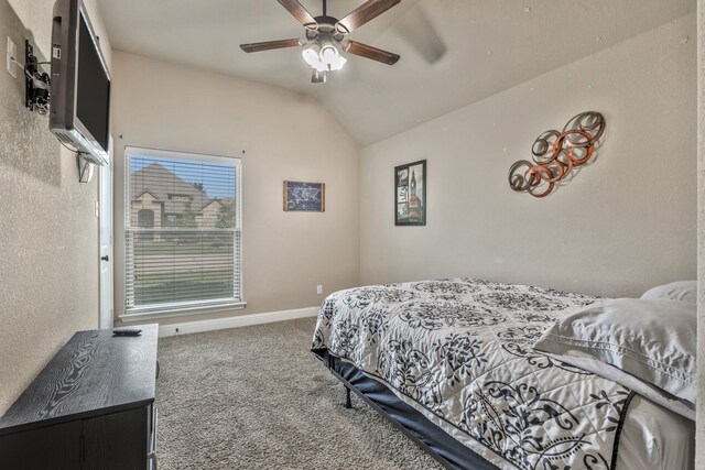 183 Melbourne Dr, Willow Park, TX 76087 - bedroom with carpet, vaulted ceiling, multiple windows, baseboards, and ceiling fan