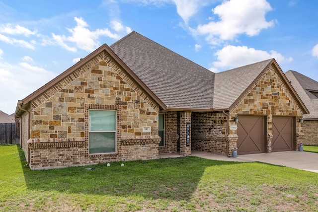 183 Melbourne Dr, Willow Park, TX 76087 - view of front of property with a garage, driveway, brick siding, a shingled roof, and stone siding