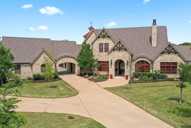 784 Cimarron Ct, Argyle, TX 76226 - view of front of property with stone siding, a front lawn, a shingled roof, and a chimney