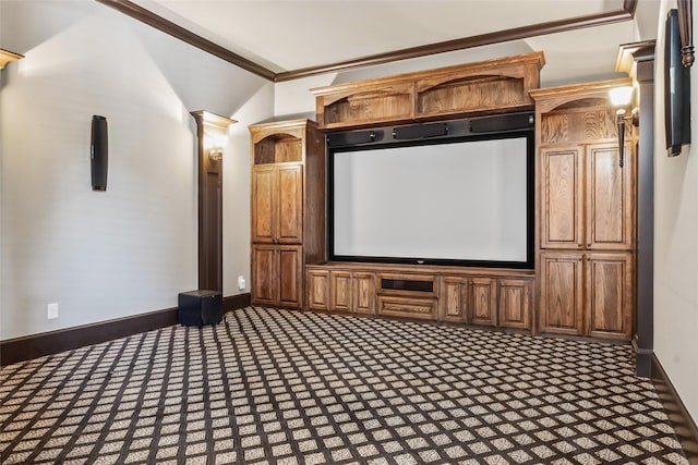 784 Cimarron Ct, Argyle, TX 76226 - cinema featuring baseboards, vaulted ceiling, crown molding, and carpet floors