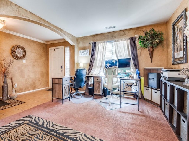 2852 Ector Dr, Grand Prairie, TX 75052 - office with arched walkways, crown molding, tile patterned flooring, and baseboards