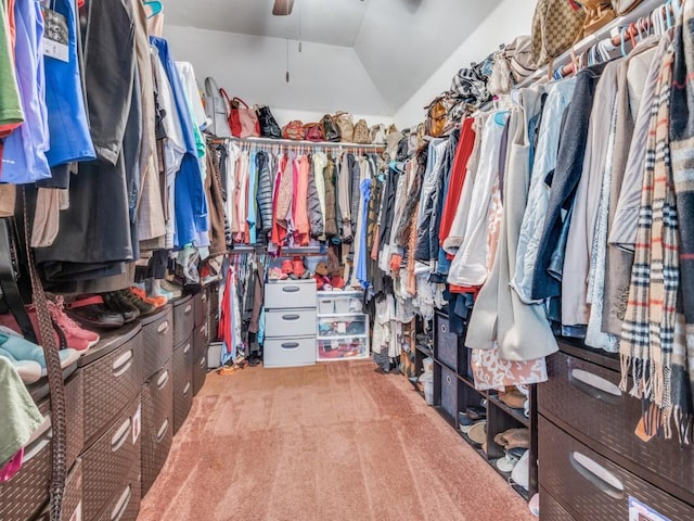 2852 Ector Dr, Grand Prairie, TX 75052 - spacious closet featuring carpet floors, a ceiling fan, and lofted ceiling