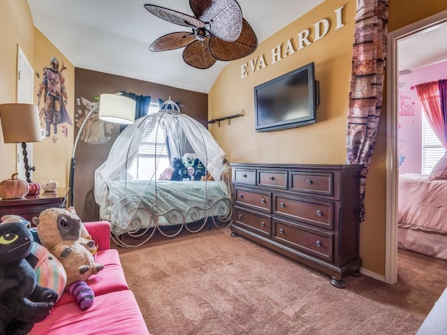 2852 Ector Dr, Grand Prairie, TX 75052 - carpeted bedroom with lofted ceiling and ceiling fan