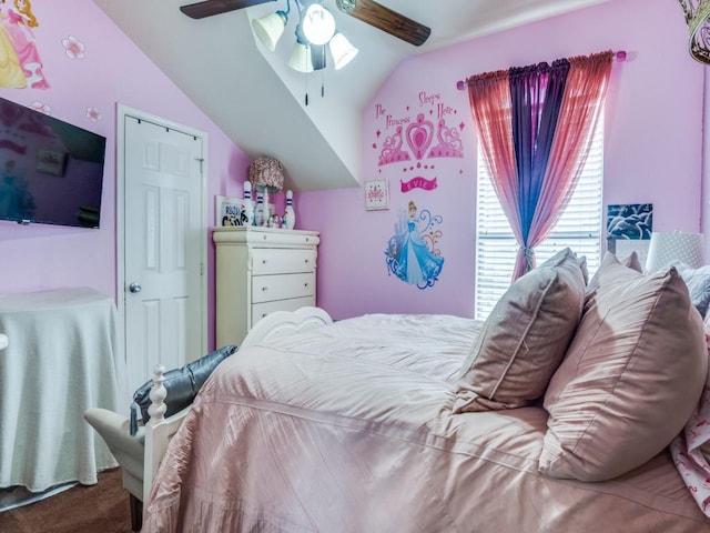2852 Ector Dr, Grand Prairie, TX 75052 - bedroom with carpet, lofted ceiling, and a ceiling fan
