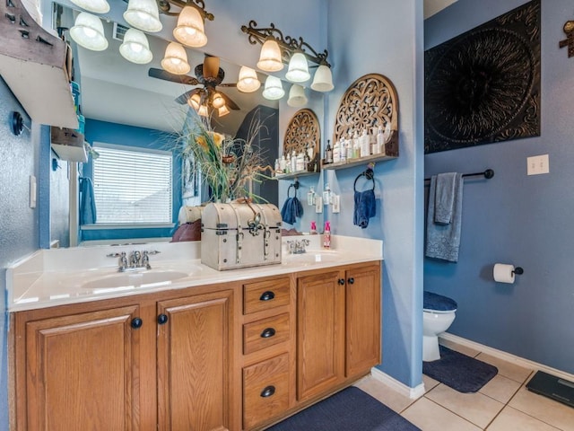 2852 Ector Dr, Grand Prairie, TX 75052 - bathroom featuring double vanity, tile patterned floors, toilet, and ceiling fan