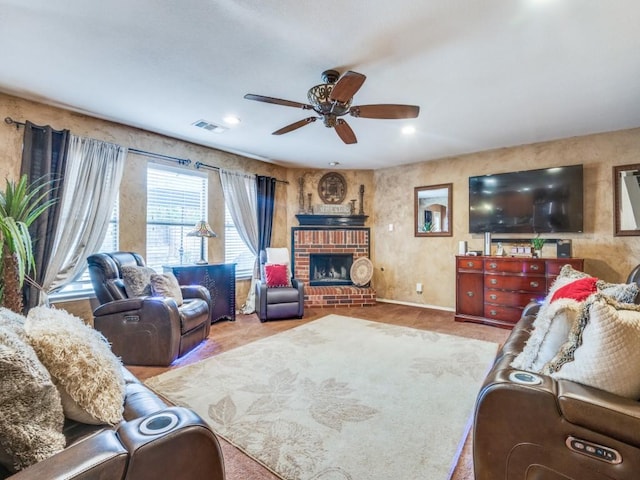 2852 Ector Dr, Grand Prairie, TX 75052 - living area featuring a ceiling fan, a fireplace, recessed lighting, and baseboards