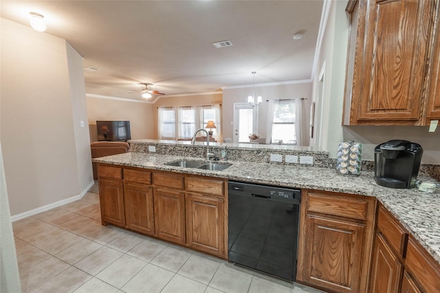 143 Valley Ranch Dr, Waxahachie, TX 75165 - kitchen with black dishwasher, a sink, ornamental molding, brown cabinetry, and a peninsula
