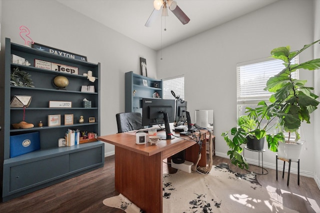 1817 Meadow Ridge Dr, Flower Mound, TX 75028 - office space featuring a ceiling fan, wood finished floors, and baseboards
