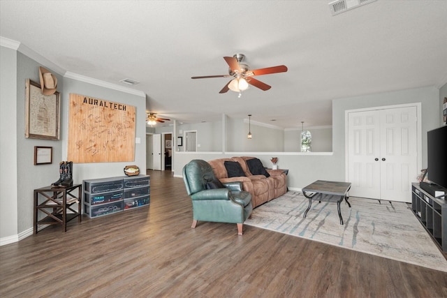 1817 Meadow Ridge Dr, Flower Mound, TX 75028 - living room featuring ceiling fan, wood finished floors, ornamental molding, and baseboards