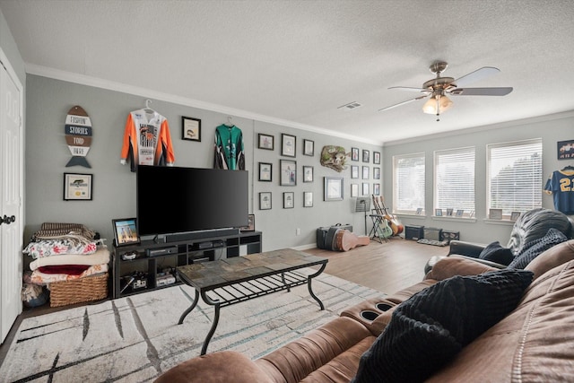 1817 Meadow Ridge Dr, Flower Mound, TX 75028 - living area featuring ornamental molding, ceiling fan, a textured ceiling, wood finished floors, and baseboards