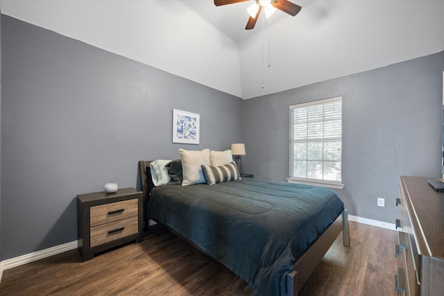 1817 Meadow Ridge Dr, Flower Mound, TX 75028 - bedroom featuring dark wood-style flooring, baseboards, ceiling fan, and high vaulted ceiling