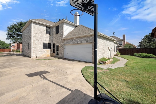 1817 Meadow Ridge Dr, Flower Mound, TX 75028 - view of side of property with brick siding, concrete driveway, a shingled roof, an attached garage, and a chimney