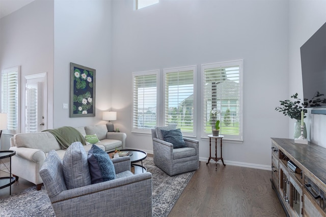 2536 Governors Blvd, Heath, TX 75126 - living area with a high ceiling, healthy amount of natural light, dark wood-style floors, and baseboards