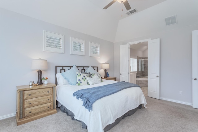 2536 Governors Blvd, Heath, TX 75126 - carpeted bedroom featuring lofted ceiling, baseboards, ensuite bath, and ceiling fan
