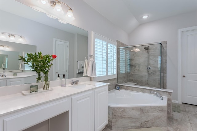 2536 Governors Blvd, Heath, TX 75126 - full bathroom with a garden tub, a stall shower, vanity, and lofted ceiling