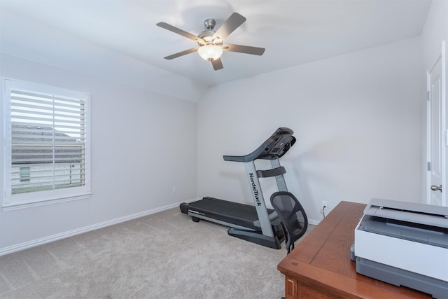 2536 Governors Blvd, Heath, TX 75126 - exercise room with a ceiling fan, carpet flooring, baseboards, and lofted ceiling