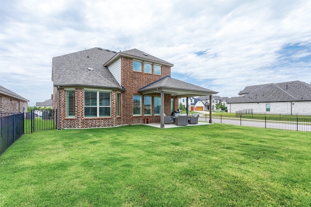 2536 Governors Blvd, Heath, TX 75126 - rear view of property featuring brick siding, outdoor lounge area, a shingled roof, and a patio area