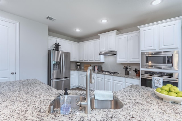2536 Governors Blvd, Heath, TX 75126 - kitchen featuring appliances with stainless steel finishes, recessed lighting, under cabinet range hood, white cabinetry, and light stone counters
