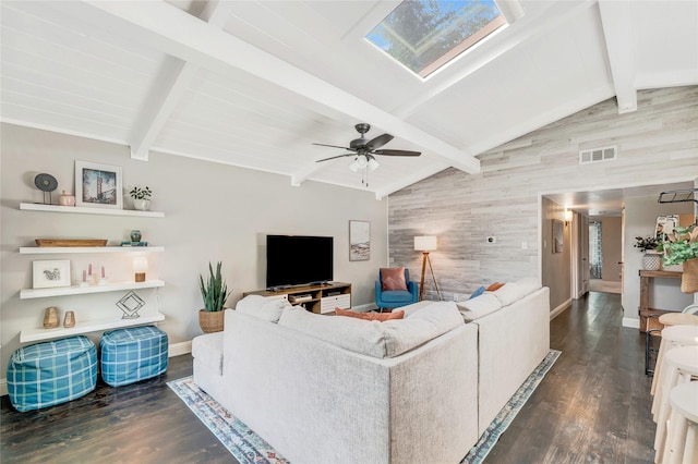 746 Greenhaven Dr, Richardson, TX 75080 - living room featuring a skylight, wood finished floors, baseboards, and ceiling fan