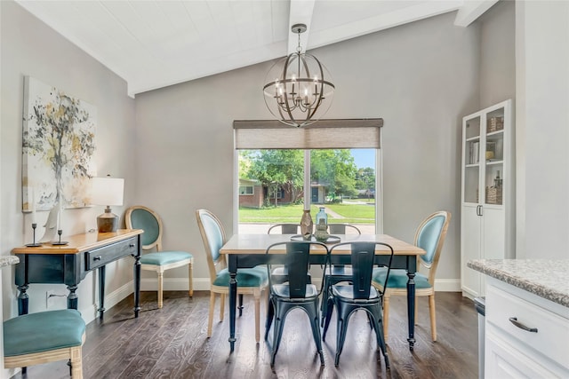746 Greenhaven Dr, Richardson, TX 75080 - dining area featuring vaulted ceiling, a chandelier, dark wood finished floors, and baseboards