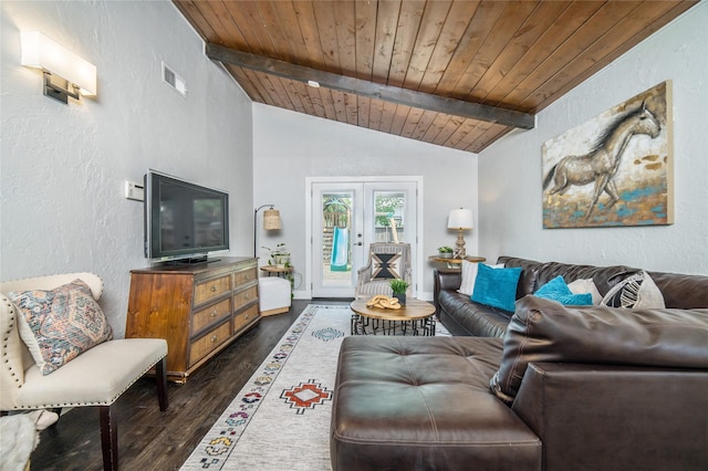 746 Greenhaven Dr, Richardson, TX 75080 - living room with a textured wall, wooden ceiling, and dark wood-type flooring