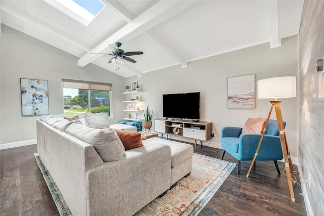746 Greenhaven Dr, Richardson, TX 75080 - living room featuring dark wood-style floors, baseboards, ceiling fan, and a skylight