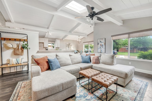 746 Greenhaven Dr, Richardson, TX 75080 - living area with dark wood-style floors, baseboards, a ceiling fan, and a chandelier