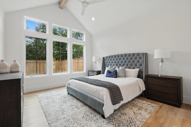 6607 Kenwell St, Dallas, TX 75209 - bedroom featuring high vaulted ceiling, beam ceiling, light wood finished floors, a ceiling fan, and recessed lighting