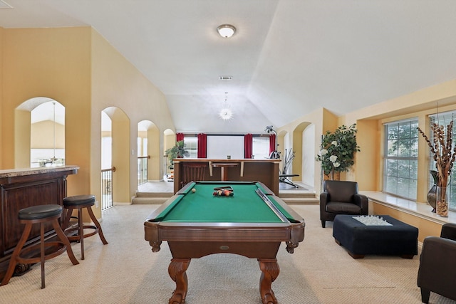 5400 Ivyridge Ln, Mckinney, TX 75071 - playroom featuring light colored carpet, pool table, arched walkways, and lofted ceiling