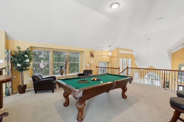 5400 Ivyridge Ln, Mckinney, TX 75071 - recreation room with light colored carpet, pool table, and vaulted ceiling
