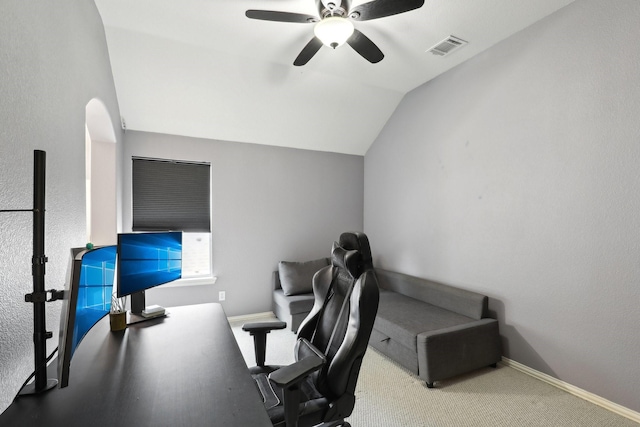 5400 Ivyridge Ln, Mckinney, TX 75071 - carpeted office space with ceiling fan, vaulted ceiling, and baseboards