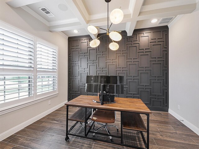 2815 Spring Creek Trl, Celina, TX 75078 - office with coffered ceiling, baseboards, ornamental molding, beam ceiling, and dark wood finished floors