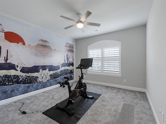 2815 Spring Creek Trl, Celina, TX 75078 - workout room featuring carpet, ceiling fan, and baseboards