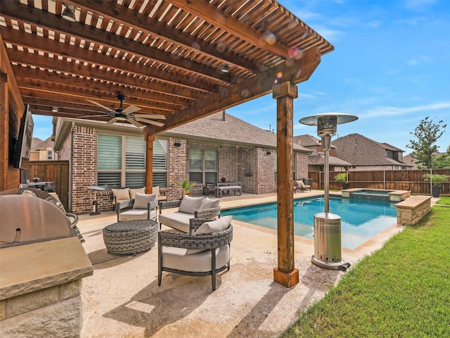 2815 Spring Creek Trl, Celina, TX 75078 - view of swimming pool with a fenced backyard, a ceiling fan, a pergola, a patio, and a pool with connected hot tub